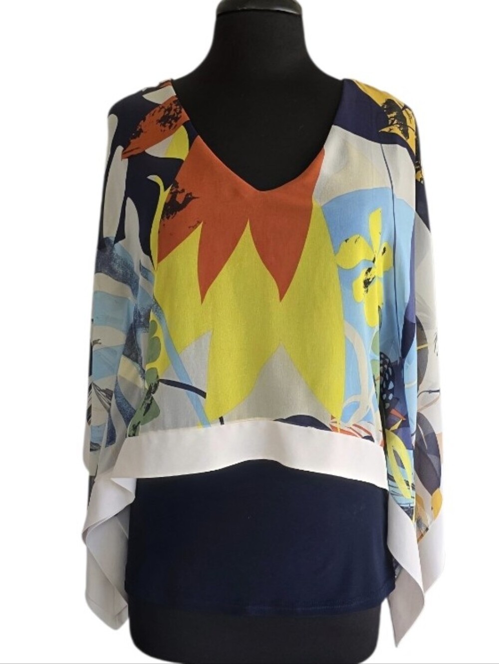 Joseph Ribkoff 4 Floral Poncho Top Layered V-Neck Artsy Boho Navy Tank
